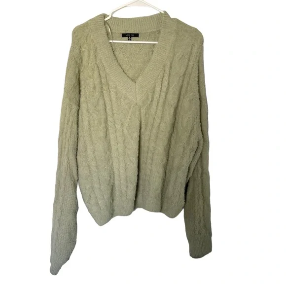 Love Tree Sage Green Fuzzy V neck Sweater Pullover Long Sleeve sz M